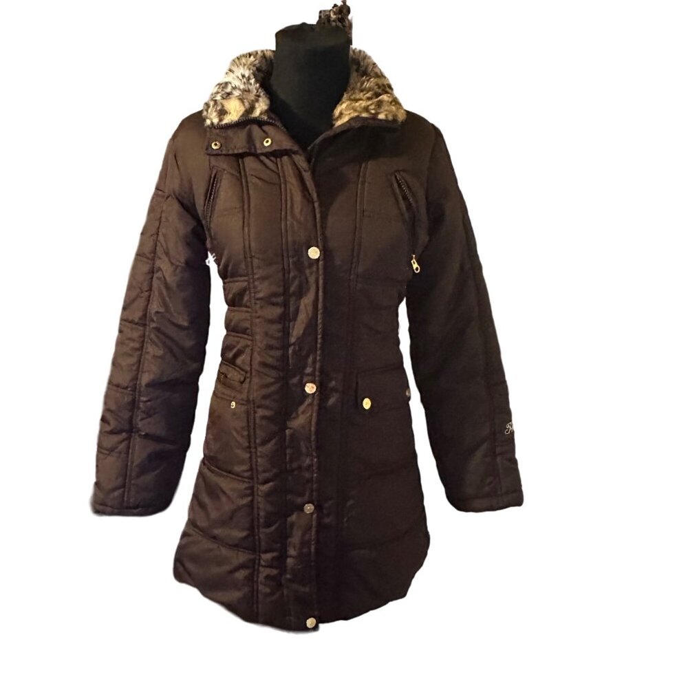 Hemisphere brown leopard collar gold logo coat size 16